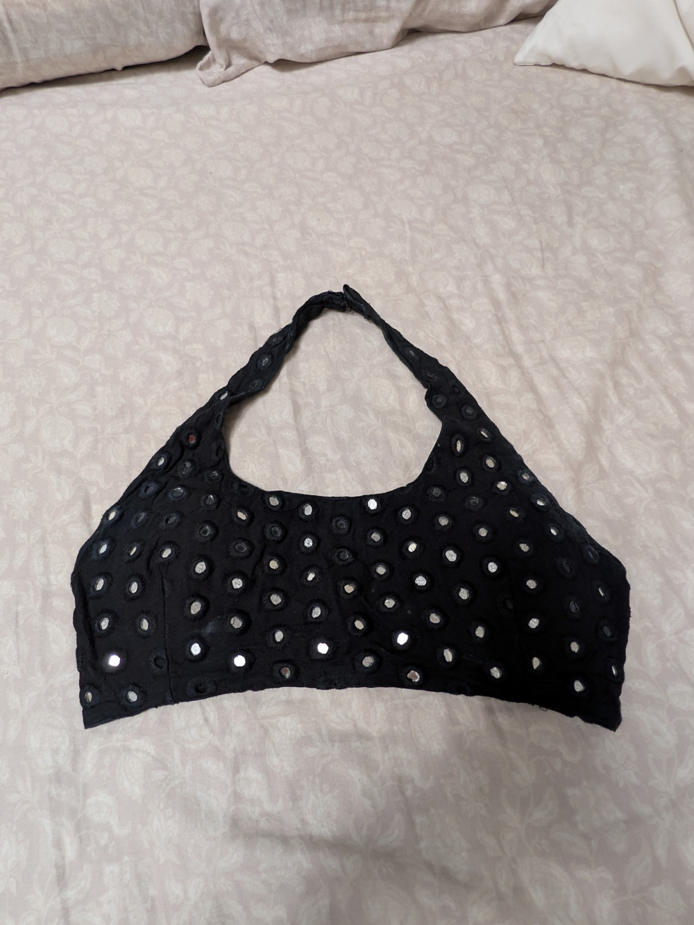 Black Halter Mirror-Embellished Blouse